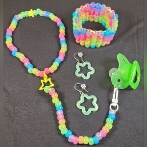 sour patch Kawaii Kandi Kid drop star Necklace Cuff Earrings Glow jewelry Set.